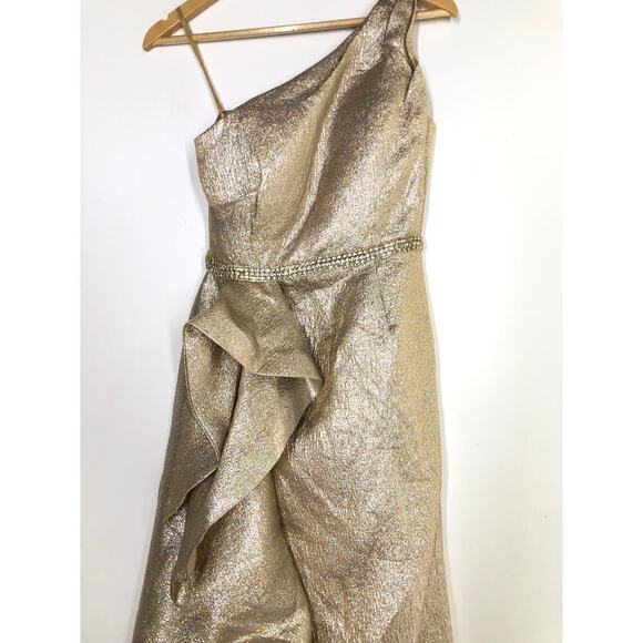 Mac Duggal Dress One Shoulder Metallic Ruffled Evening Gown Oyster Size 0 NWOT - Picture 7 of 13